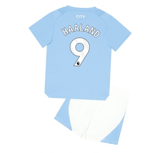 Dětský fotbalový dres Manchester City Erling Haaland #9 2023-24 Domácí Krátký Rukáv (+ trenýrky)